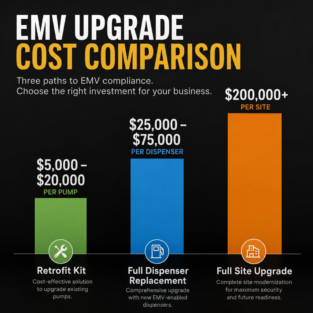 EMV compliance upgrade cost comparison: retrofit kit vs full dispenser replacement vs full site upgrade for gas stations