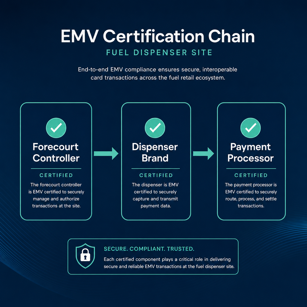 EMV certification chain for fuel dispensers: forecourt controller, dispenser brand, and payment processor all require certification