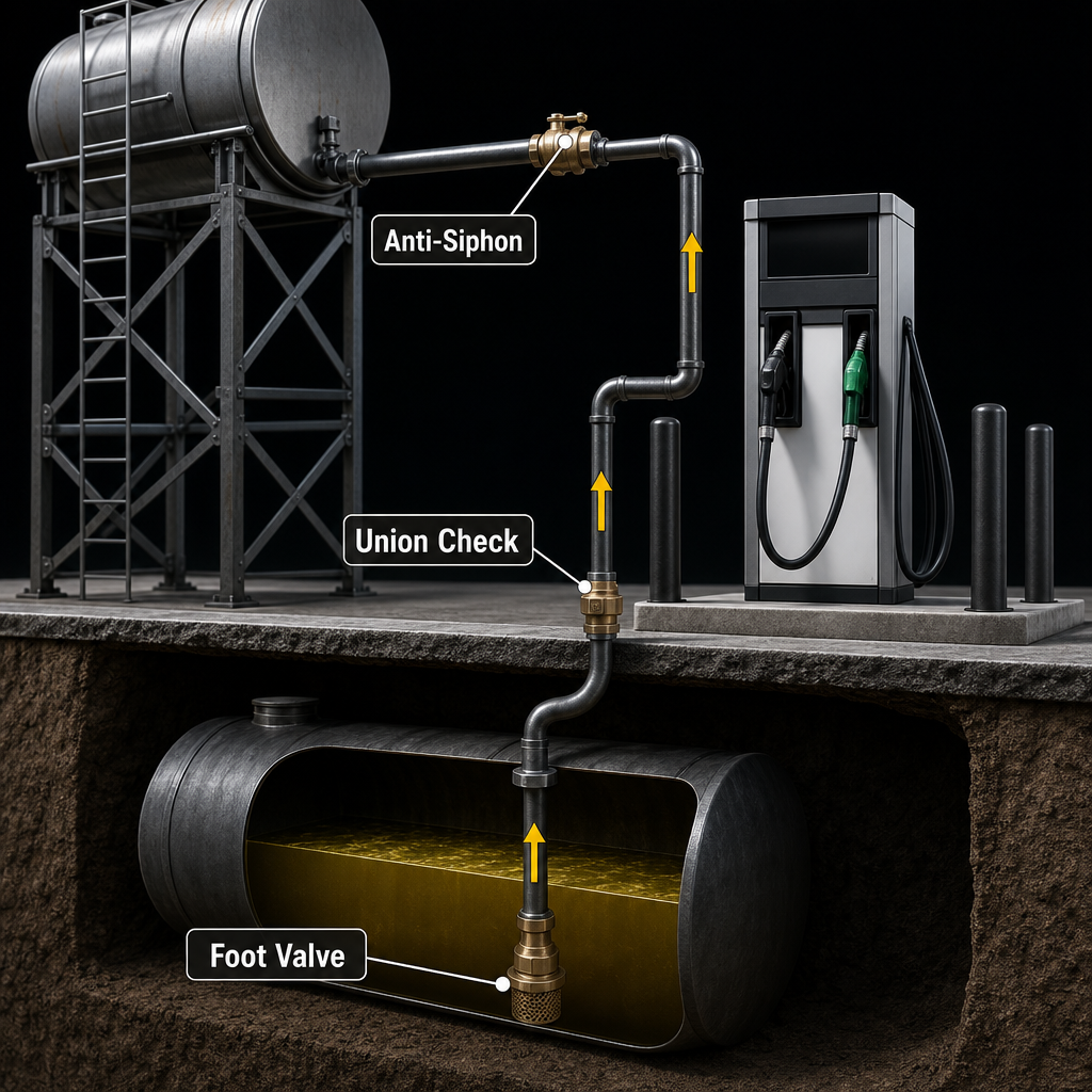 Fuel dispenser check valve placement diagram showing foot valve, union check valve, and anti-siphon valve positions