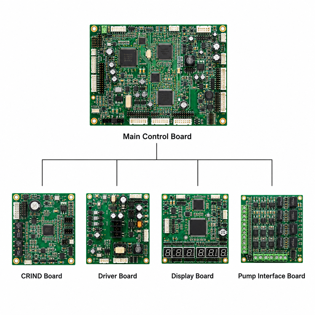 Fuel dispenser circuit board types hierarchy showing main control, CRIND, driver, display, and interface boards