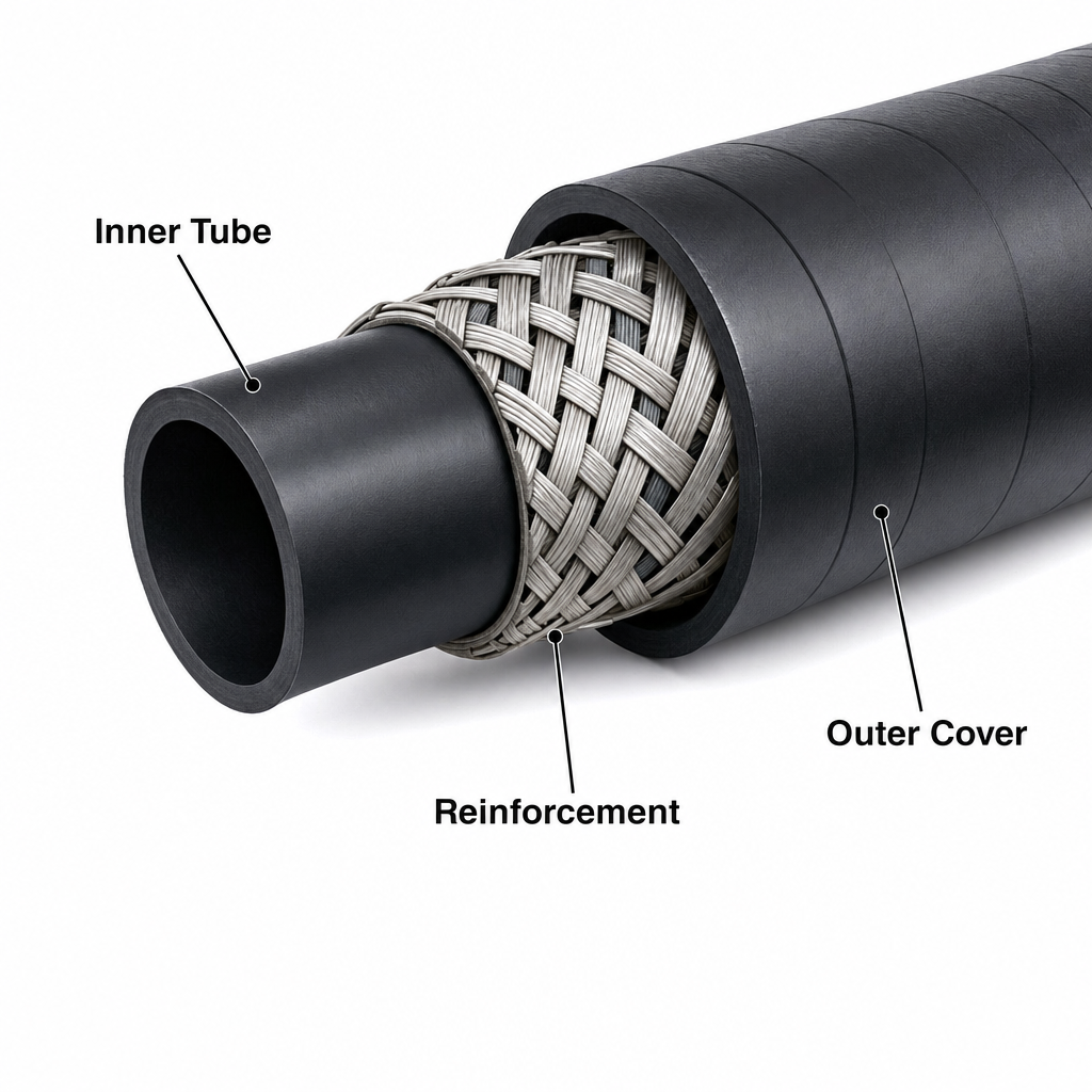 Allied Electronics fuel dispenser hose cross-section showing inner tube reinforcement and outer cover layers