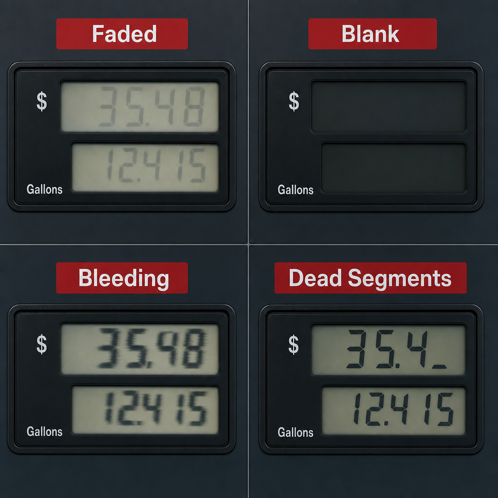 Comparison infographic showing four common fuel dispenser LCD failure modes: faded, blank, bleeding, and dead segments
