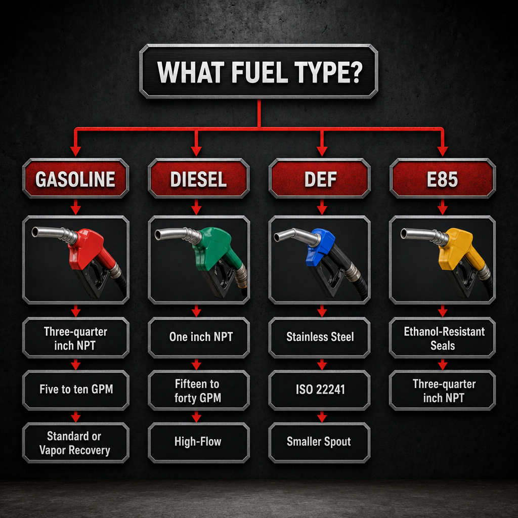 Fuel dispenser nozzle selection flowchart by fuel type, thread size, and flow rate