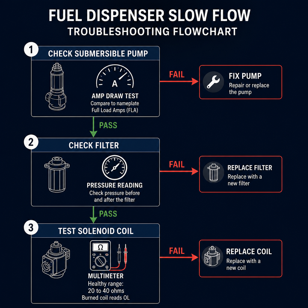 Allied Electronics fuel dispenser solenoid valve troubleshooting diagnostic flowchart showing pump, filter, and solenoid test sequence