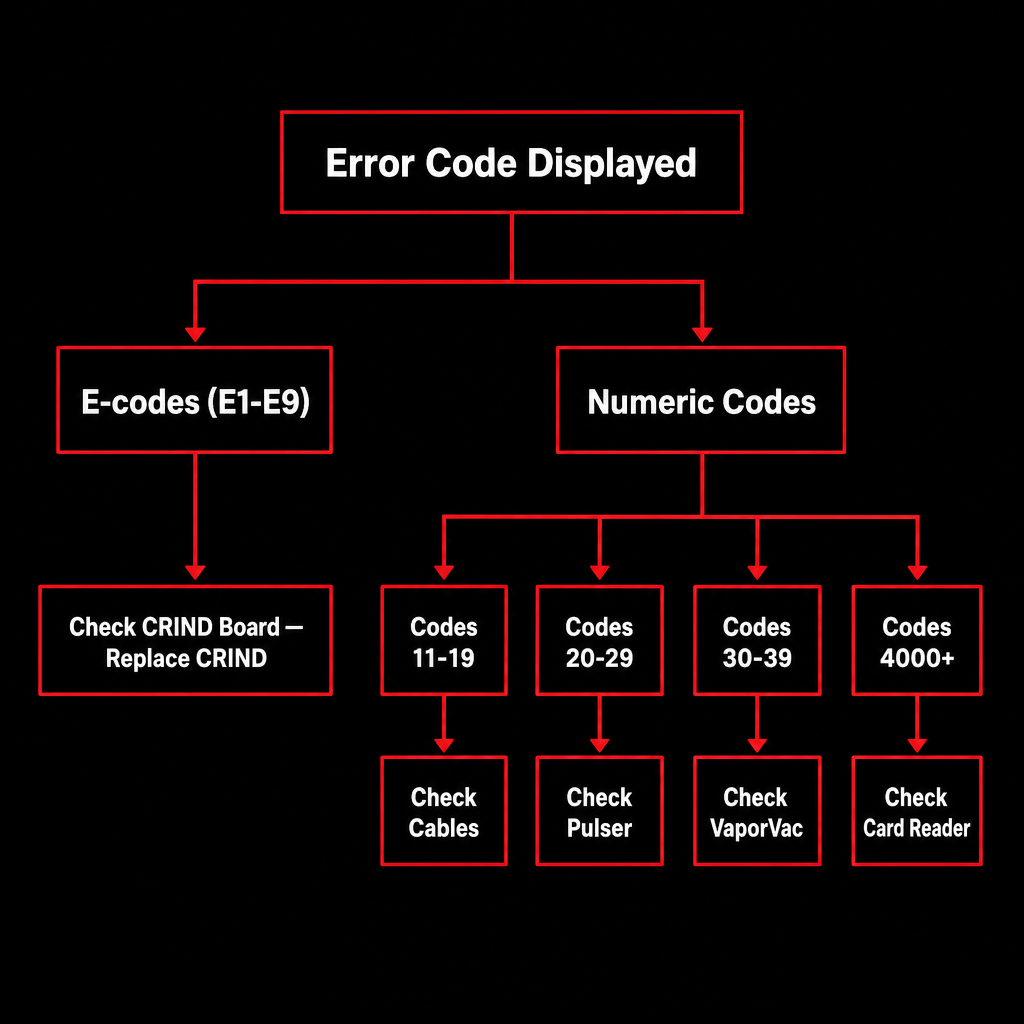 Gilbarco Encore error codes diagnostic flowchart mapping codes to replacement parts